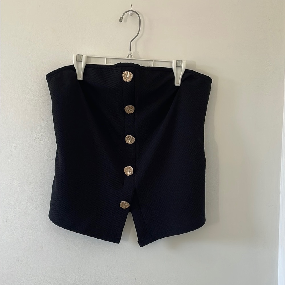 Black Strapless Top with Gold Buttons